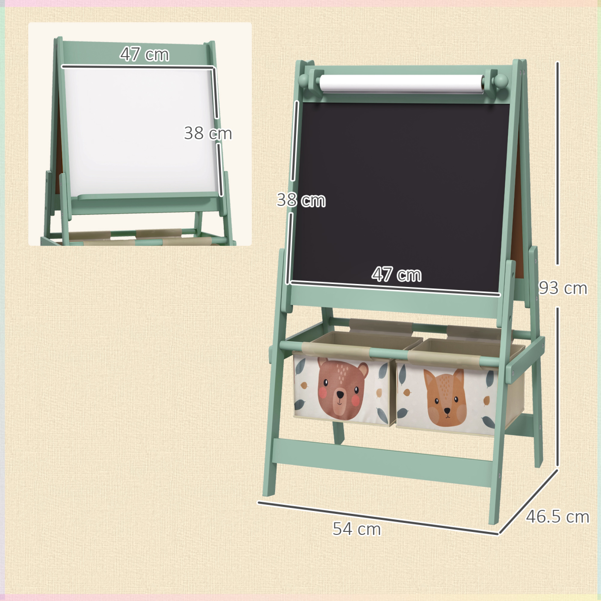 AIYAPLAY Kids Easel with Paper Roll, Blackboard, Whiteboard, Storage, Green