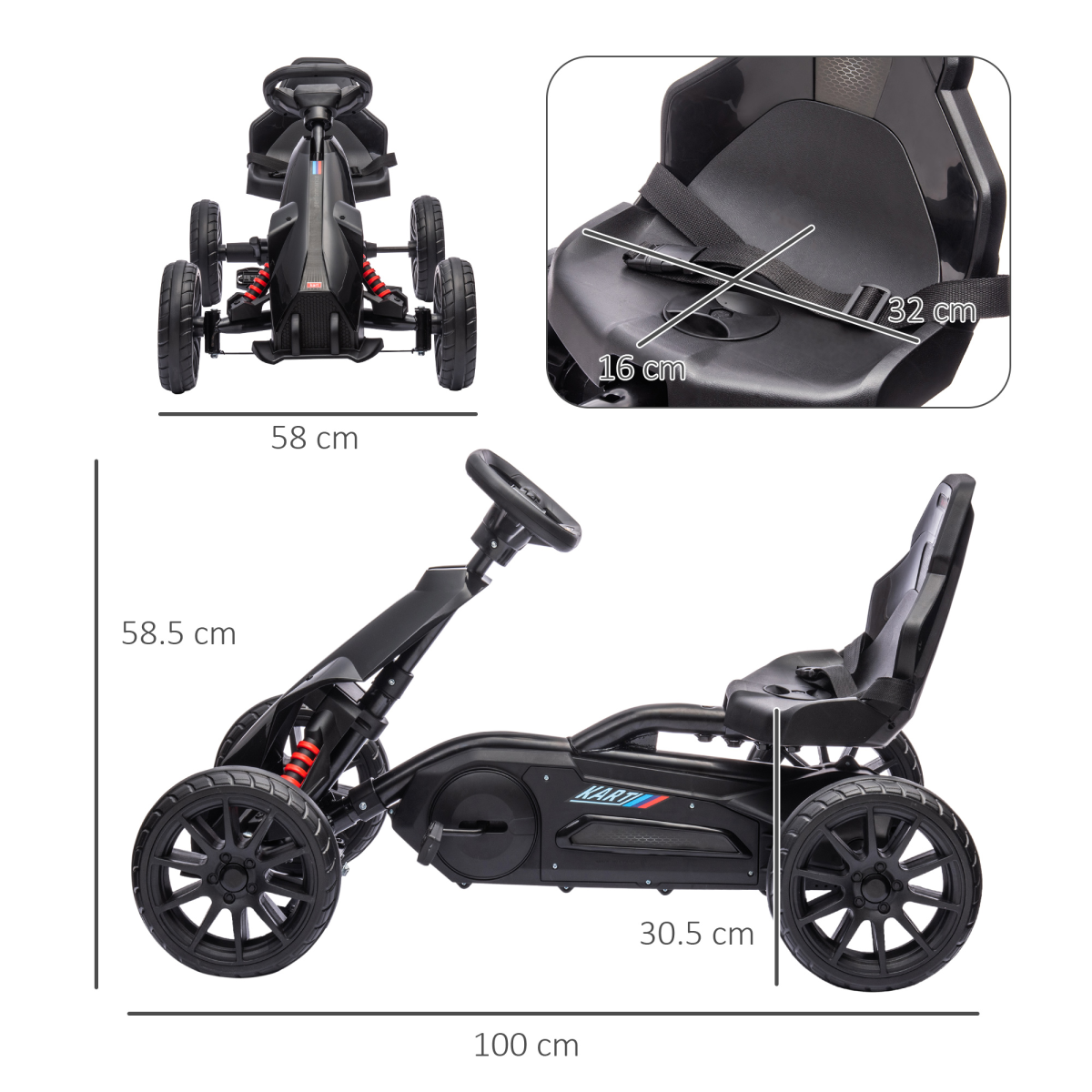 cortex-london-windsor-childrens-pedal-go-kart-black-adjustable-seat-handbrake