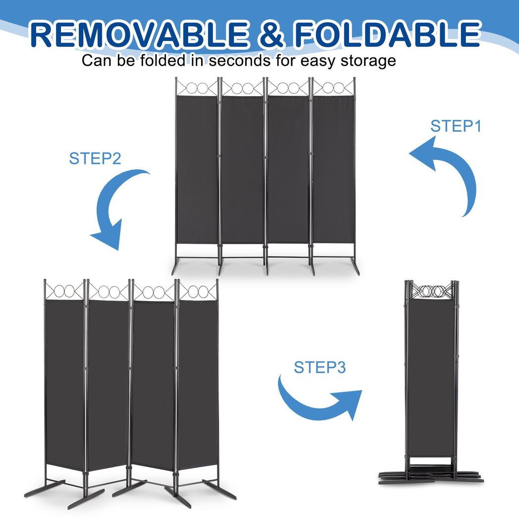 5.74FT 4-Fold Top With Shape 130g Polyester Cloth Plastic Feet Carbon Steel Frame Foldable Screen Black