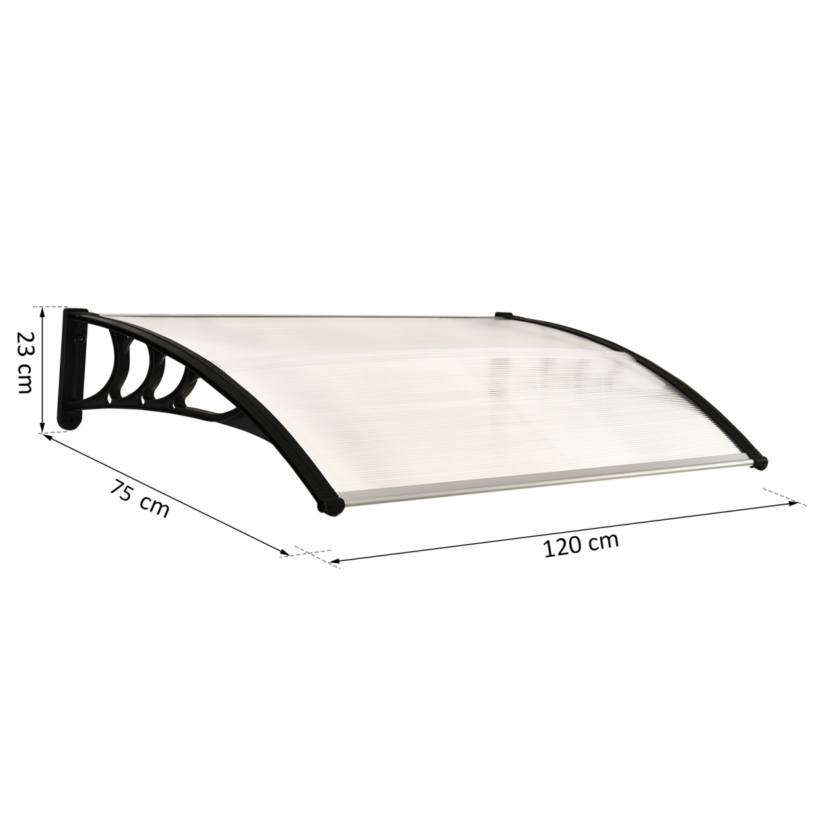 75 L x 120 W x 23 H cm Clear Polycarbonate Curved Awning w/ Black Bracket