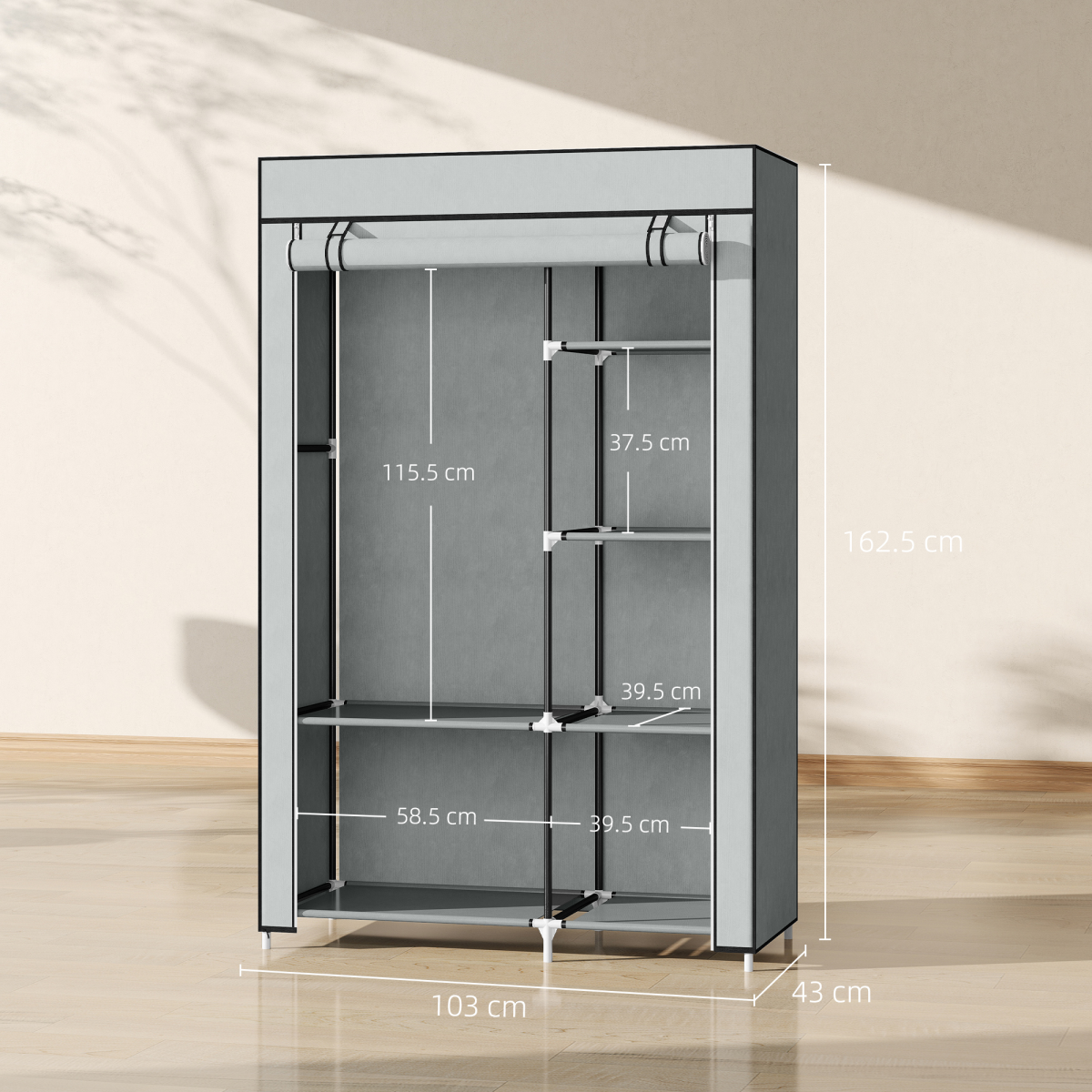 cortex-london-kensington-fabric-wardrobe-six-shelves-hanging-rail-light-grey