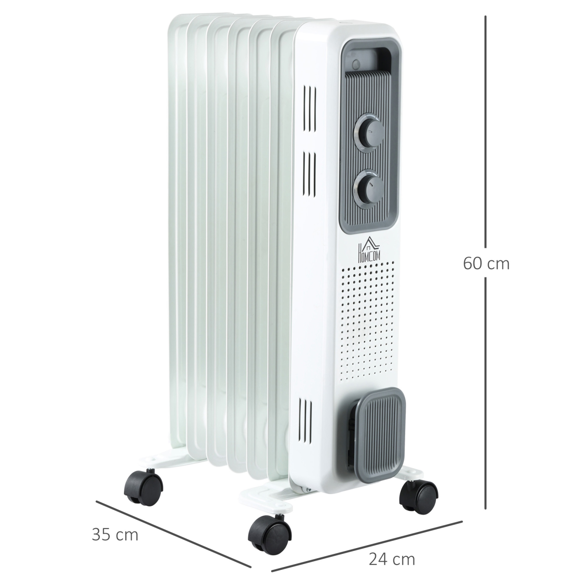 1630W Oil Filled Radiator, Adjustable Thermostat Safety switch, White