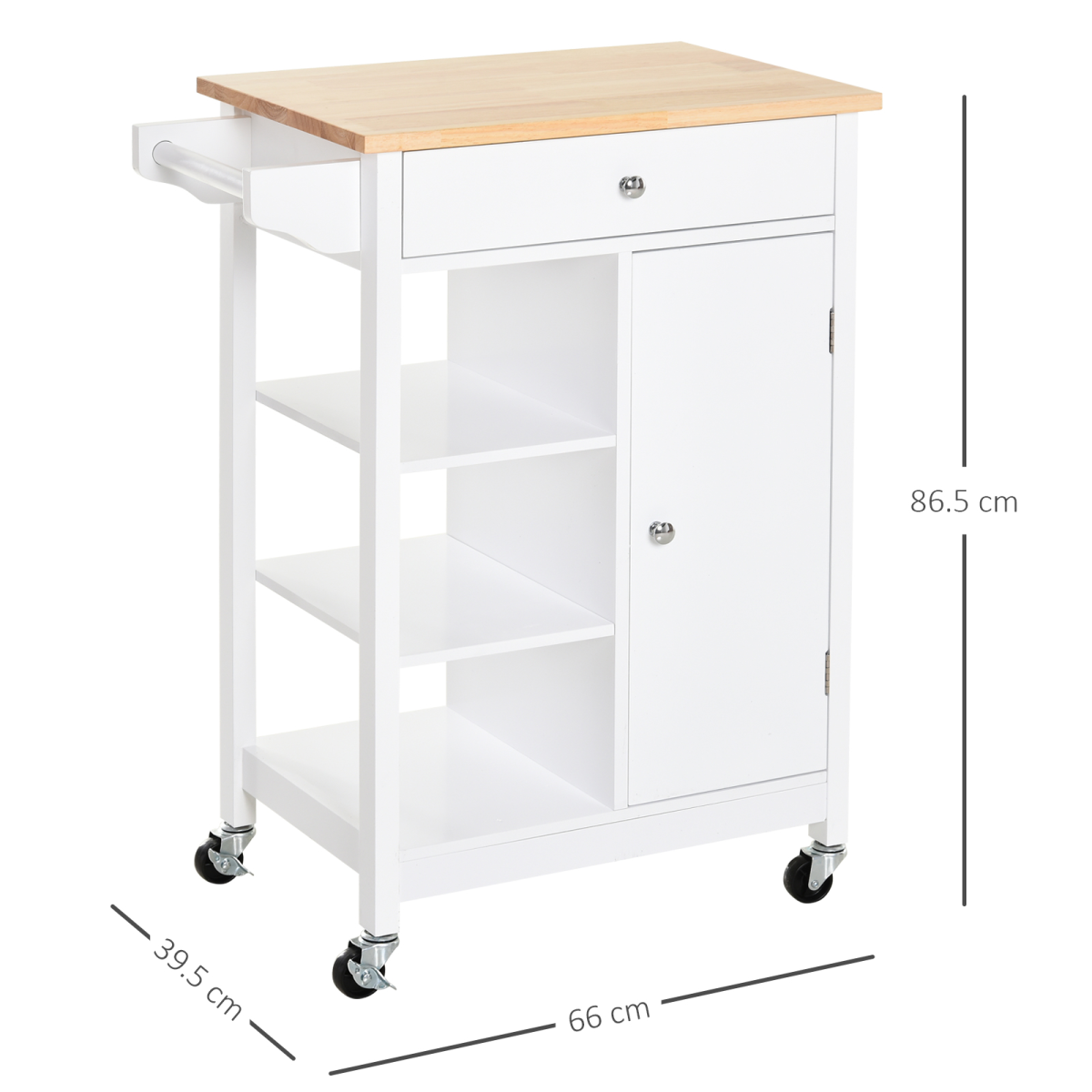 cortex-london-york-white-mdf-kitchen-storage-trolley-large-pull-out-drawer-three-open-shelves-adjustable-cabinet-shelf-side-hanging-rail-wheels