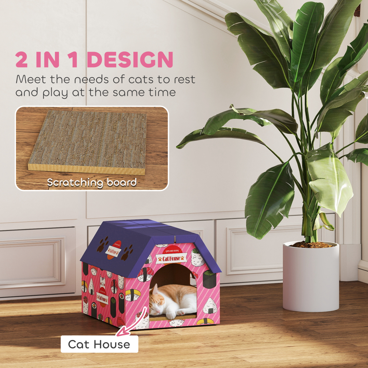 PawHut 2-in-1 Cat Scratching Board House with 4 Paw-Shaped Vents, Pink