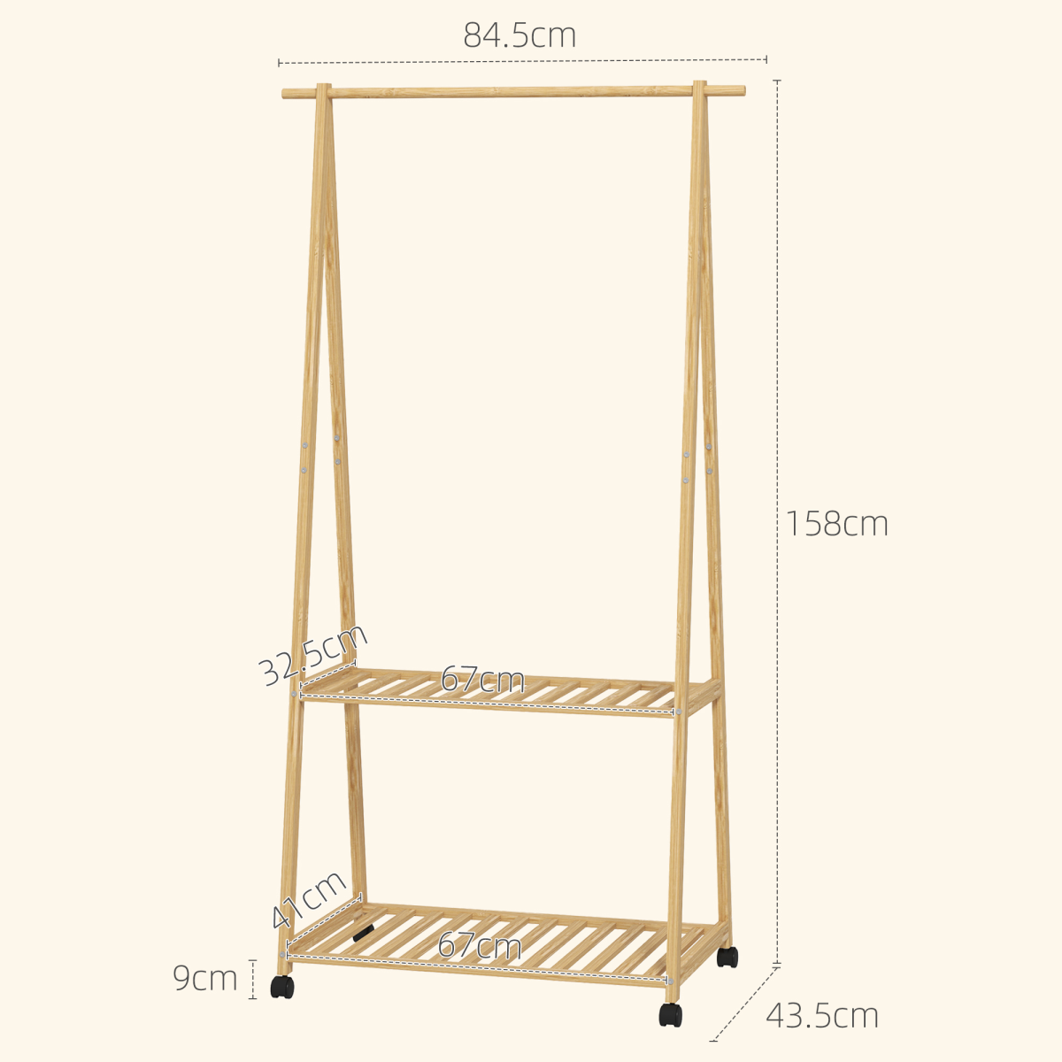 HOMCOM Bamboo Clothes Rail Rack with 2 Storage Shelves, Natural Wood Effect