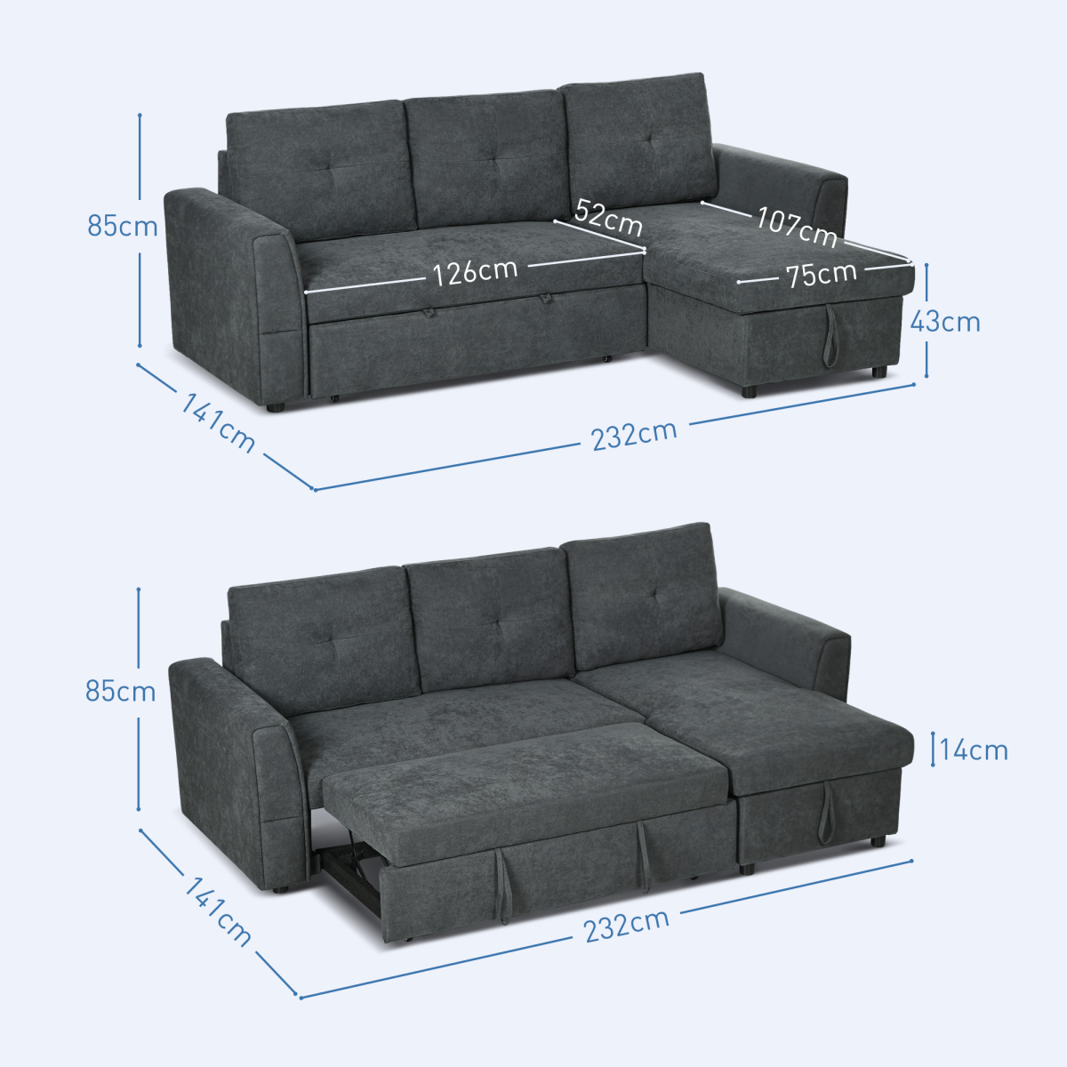 HOMCOM 3 Seater Sofa Bed, Convertible Pull Out Sofa with Storage, Dark Grey