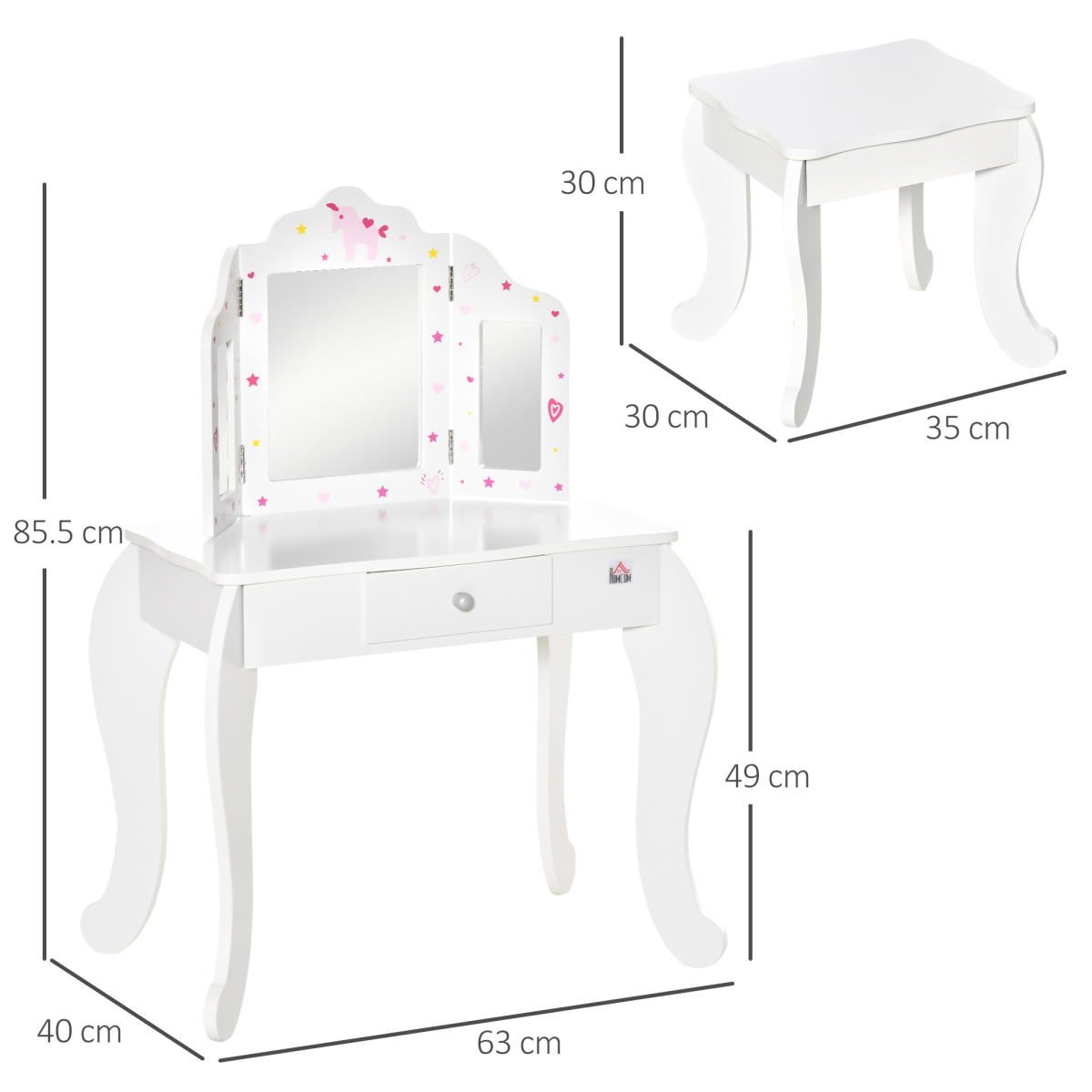 cortex-london-kensington-kids-vanity-table-stool-three-rotatable-mirrors-drawer-homcom
