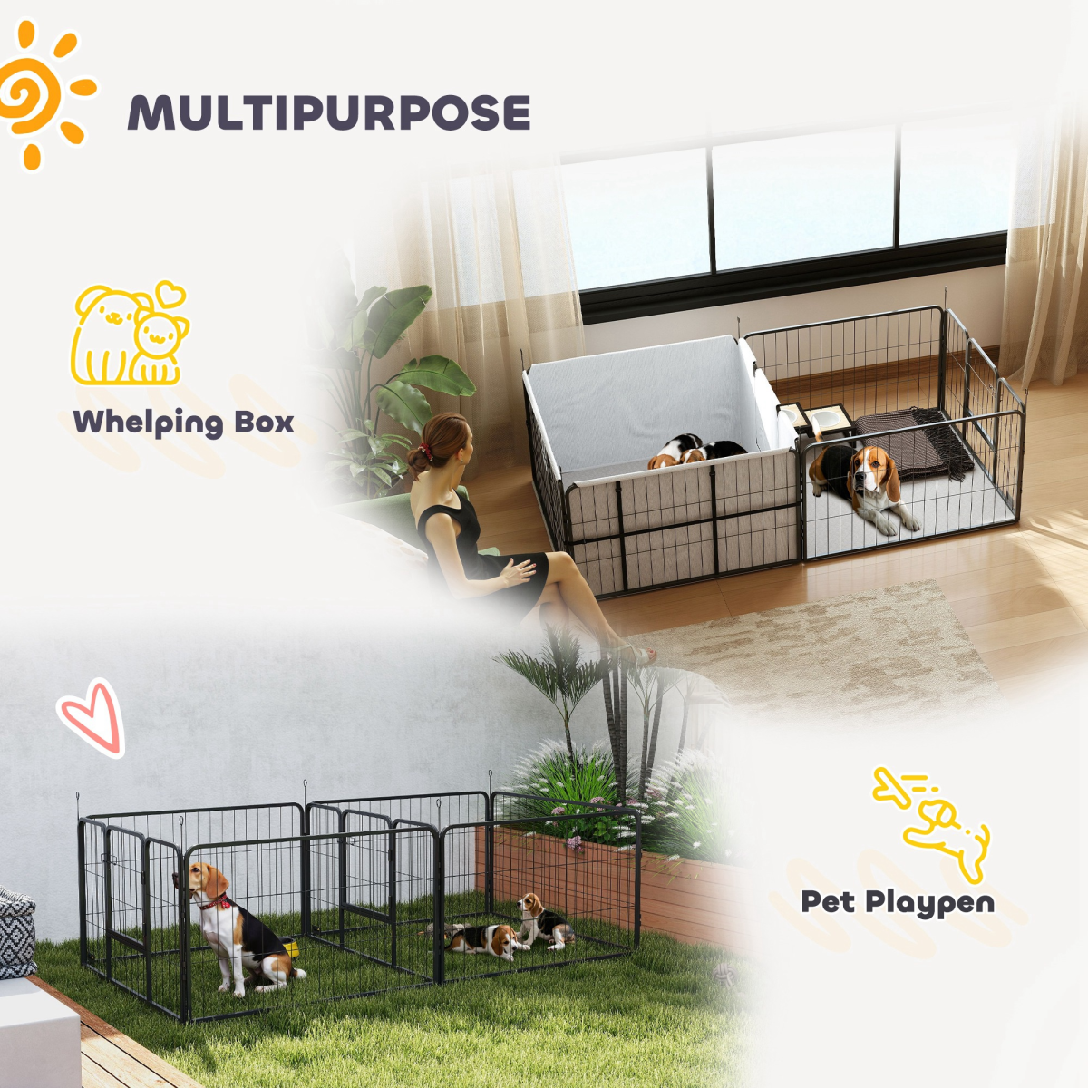 PawHut 7 Panel Whelping Box for Dogs and Puppies, Dog Playpen with Pee Pads