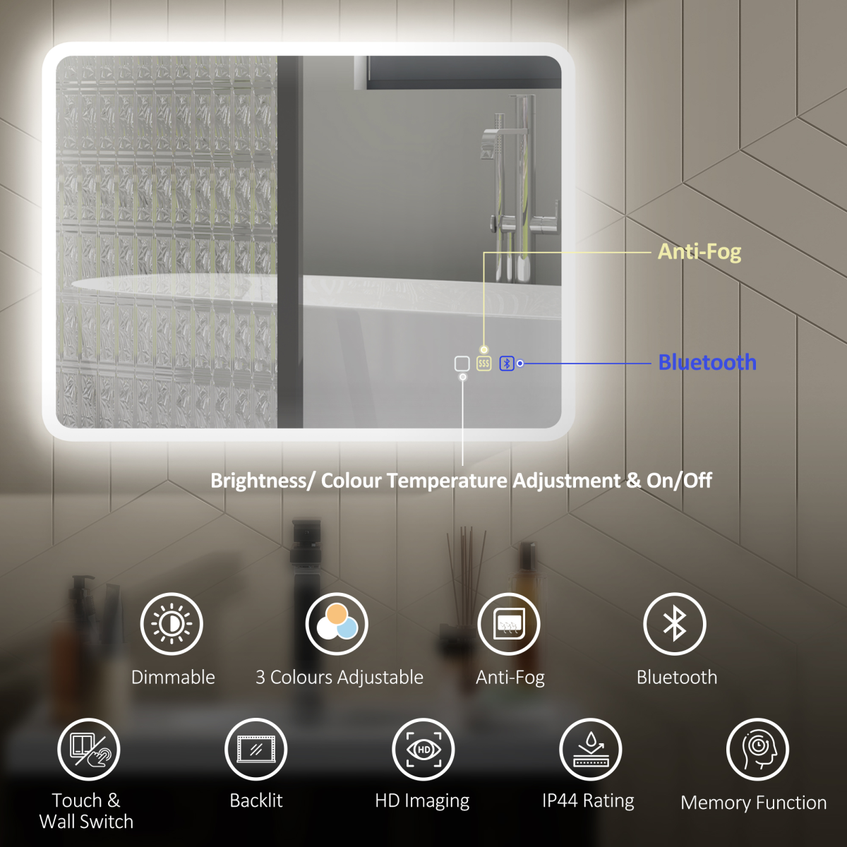 HOMCOM 600 x 800 mm Bluetooth Bathroom Mirror with LED Lights Wall Mounted