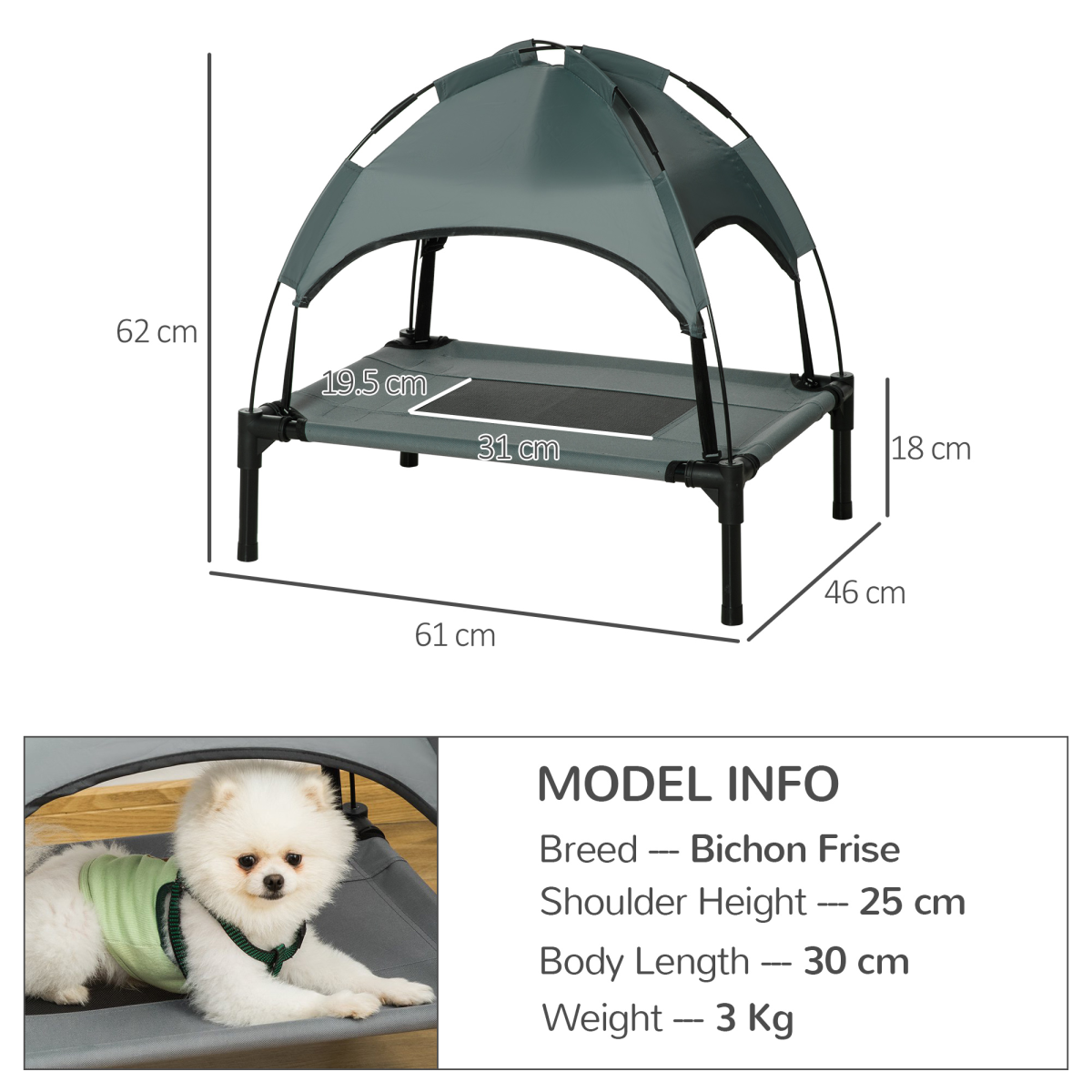 cortex-london-windsor-61cm-elevated-dog-bed-uv-canopy-grey-pawhut