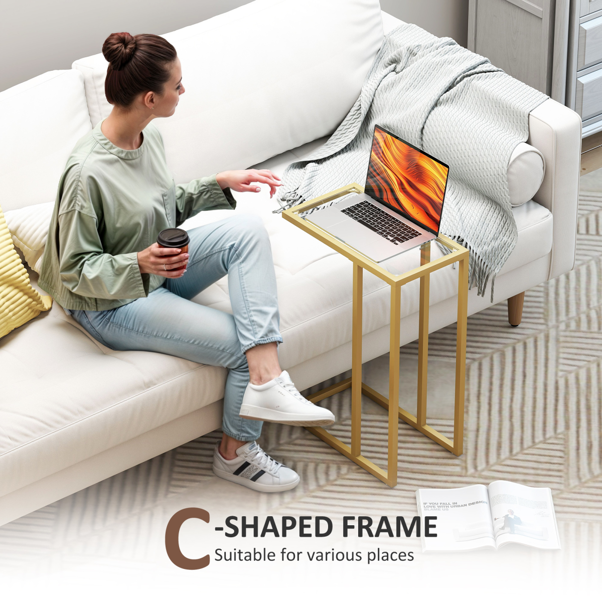 HOMCOM C-Shaped Side Table, End Table with Tempered Glass Tabletop, Gold