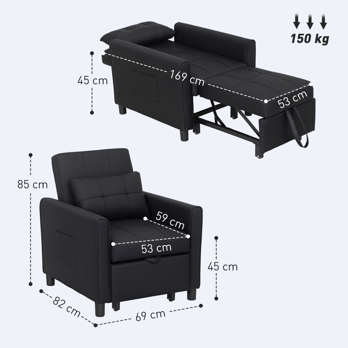 HOMCOM Folding Chair Bed, Sleeper Chair with Pillow, Side Pockets, Black