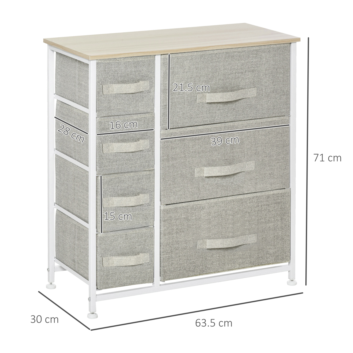 7 Linen Drawers Cabinet Organizer Adjustable Feet White, Oak and Light Grey
