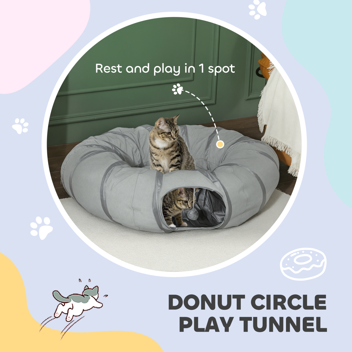 PawHut 2 in 1 Cat Tunnel with Bed, Cat Play Tunnel for Indoor Cats, Grey