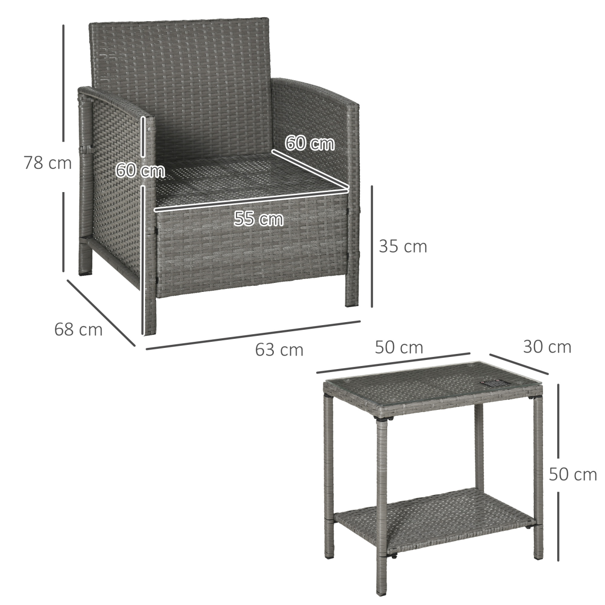Rattan 2 Seater Patio Bistro Set with Cushion Pillow - Grey, Cream White