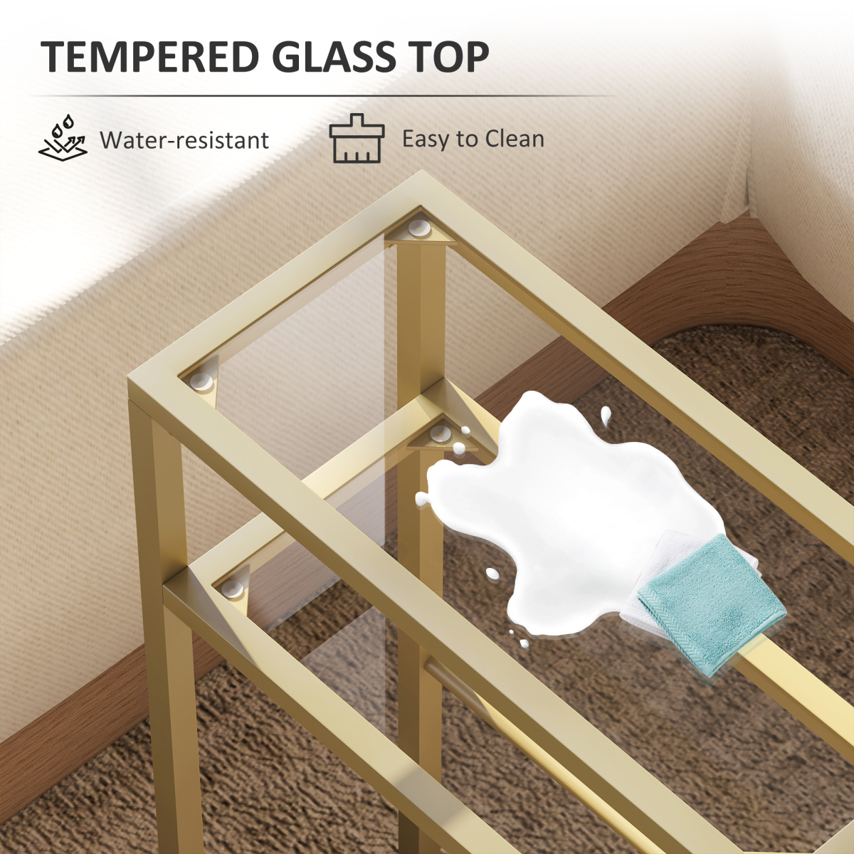 HOMCOM Slim Side Table, End Table with Tempered Glass Tabletop, Gold
