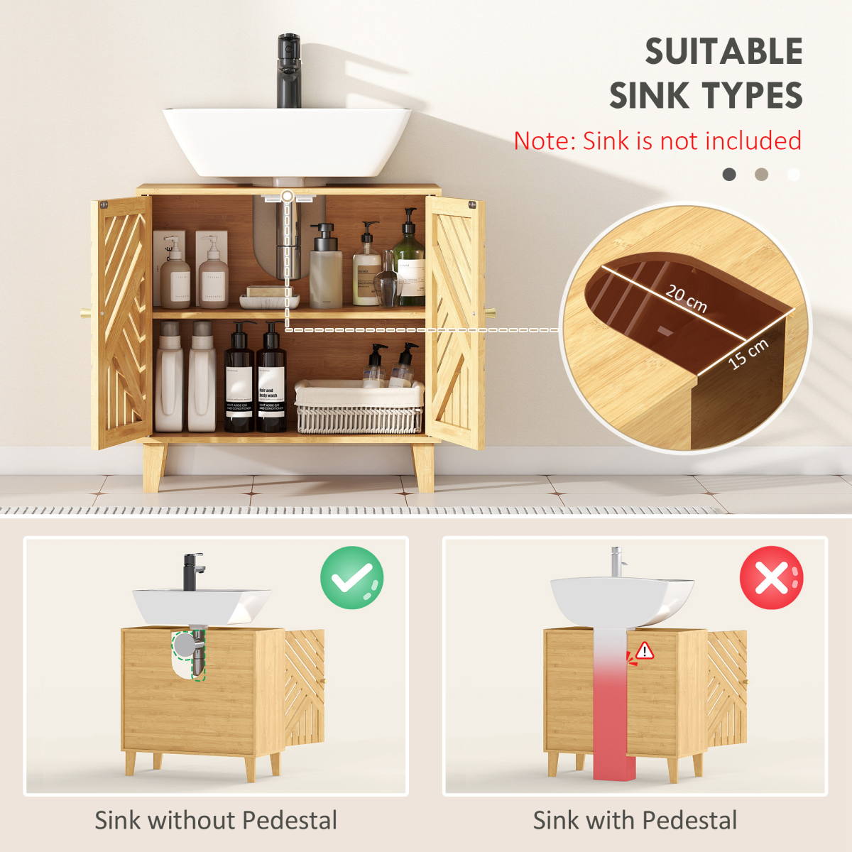 HOMCOM Bamboo Bathroom Under Sink Cabinet with Adjustable Shelf, Natural