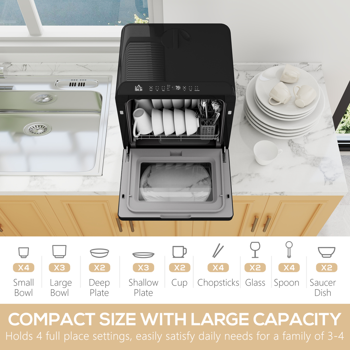 HOMCOM Worktop Dishwasher w/ 4 Place Settings 6 Programs, Black