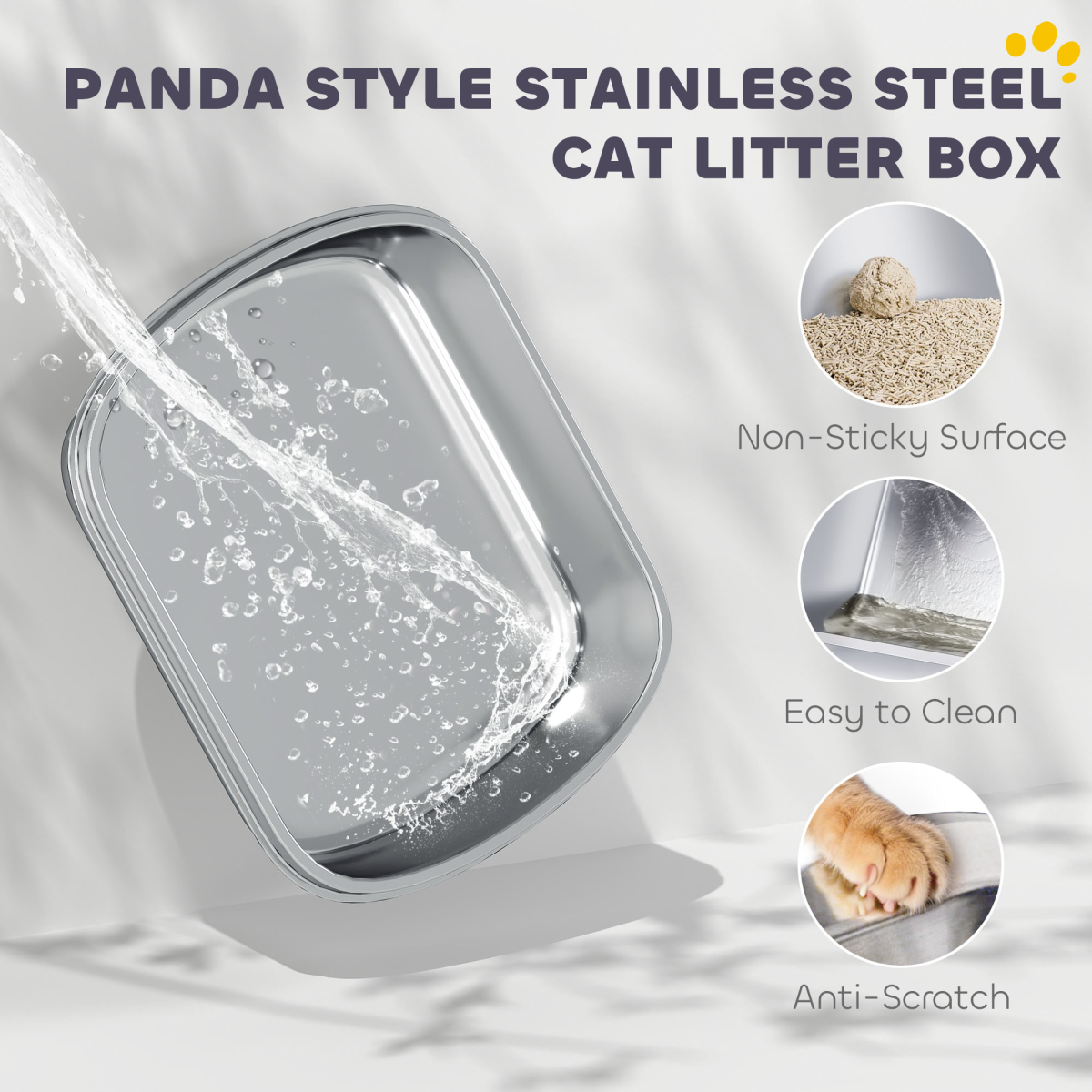 PawHut XL Stainless Steel Litter Box Tray with Lid, Panda Style
