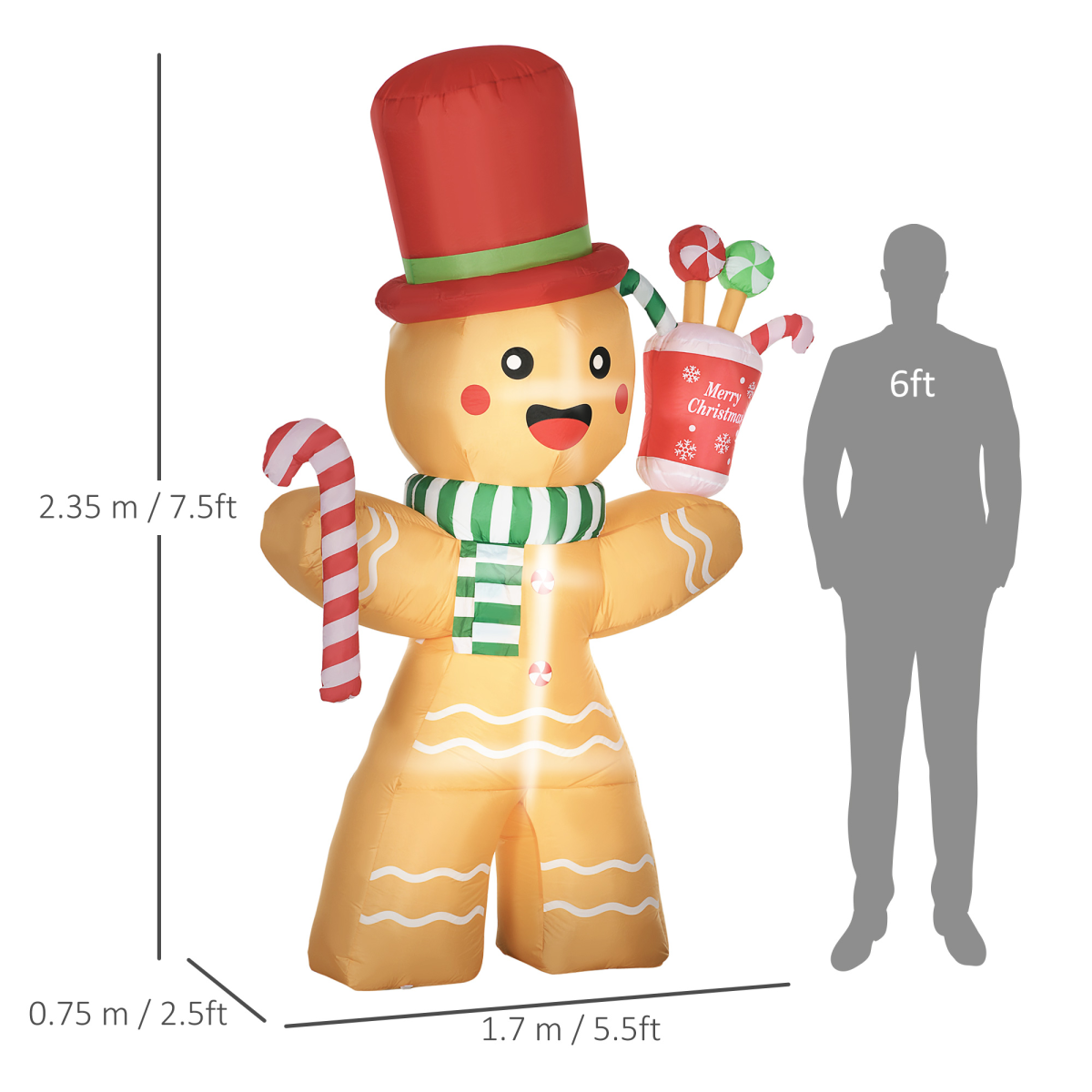 HOMCOM 7.5FT Christmas Inflatables Gingerbread Man with Candy Cane LED Lights