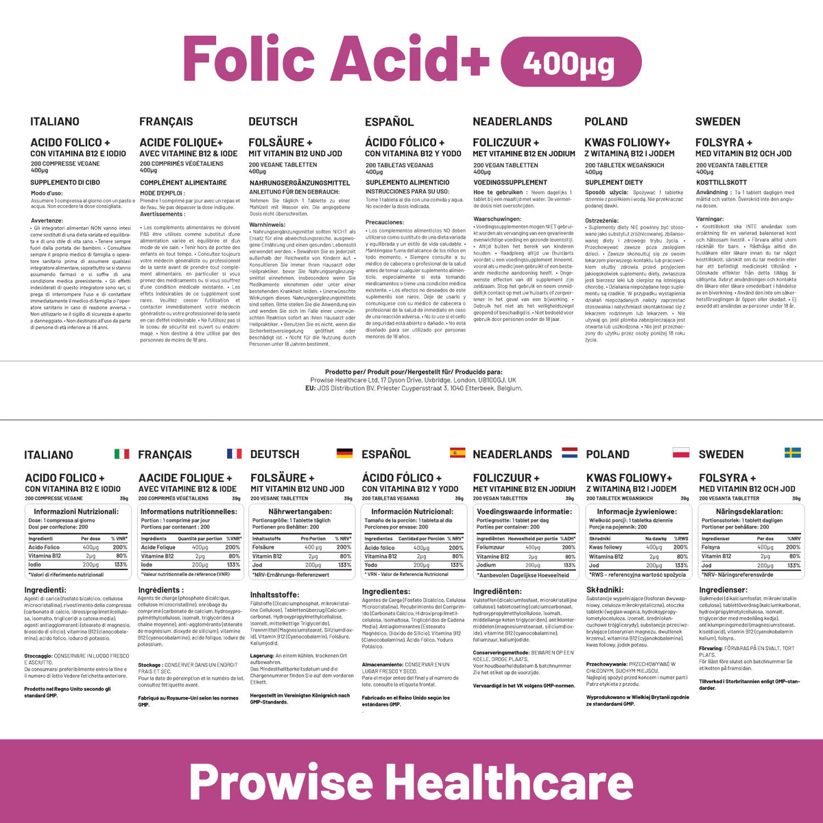 Folic Acid Tablets 400 mcg - 400 Vegan Vitamin B9 Tablets