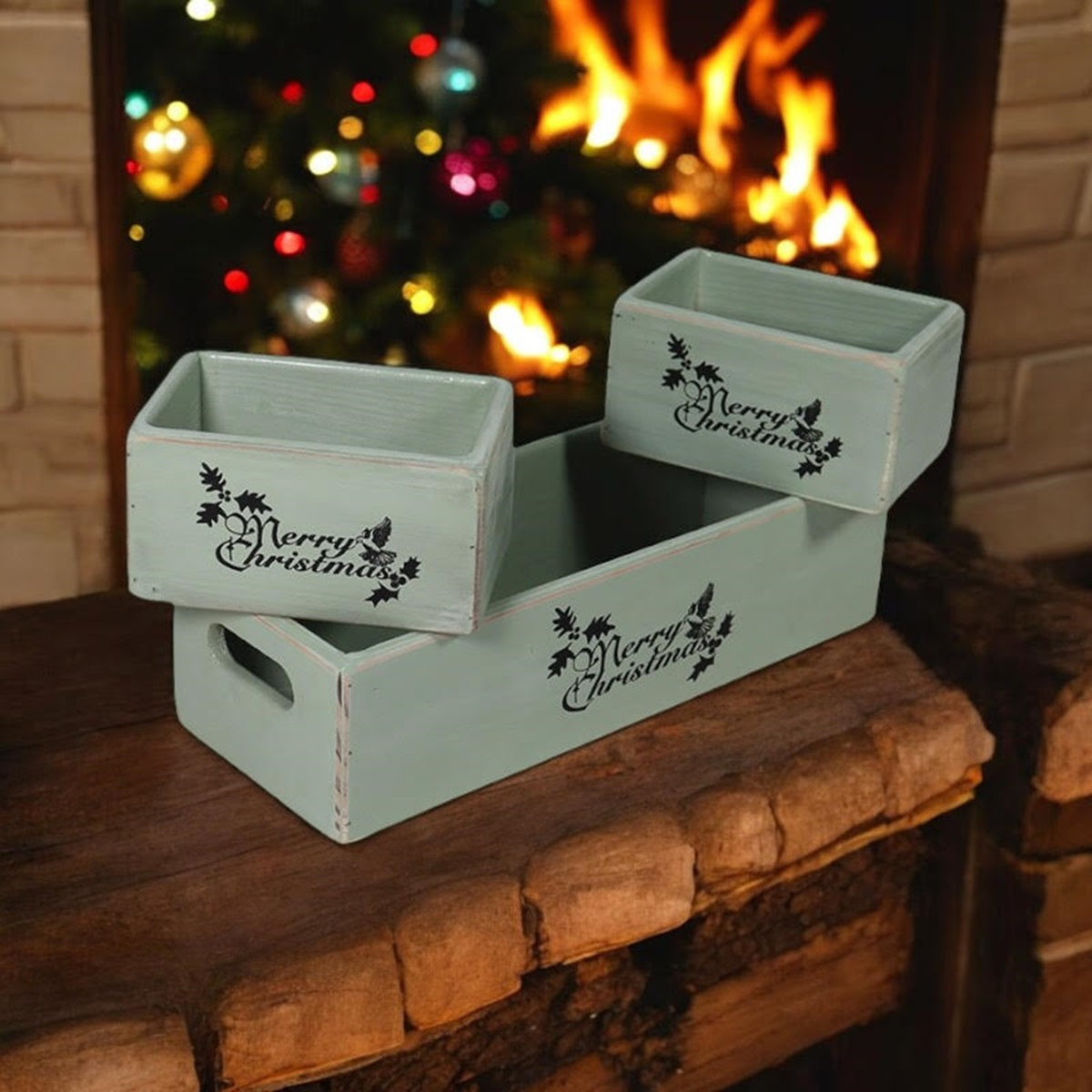 AcaciaHome Stylish and Vintage Wooden Merry Christmas Storage Crate Set – 3 Rustic Display Boxes for Garden & Home Decor – Stackable, Durable, Space-Saving Design for Home & Outdoor Use (Light Green)