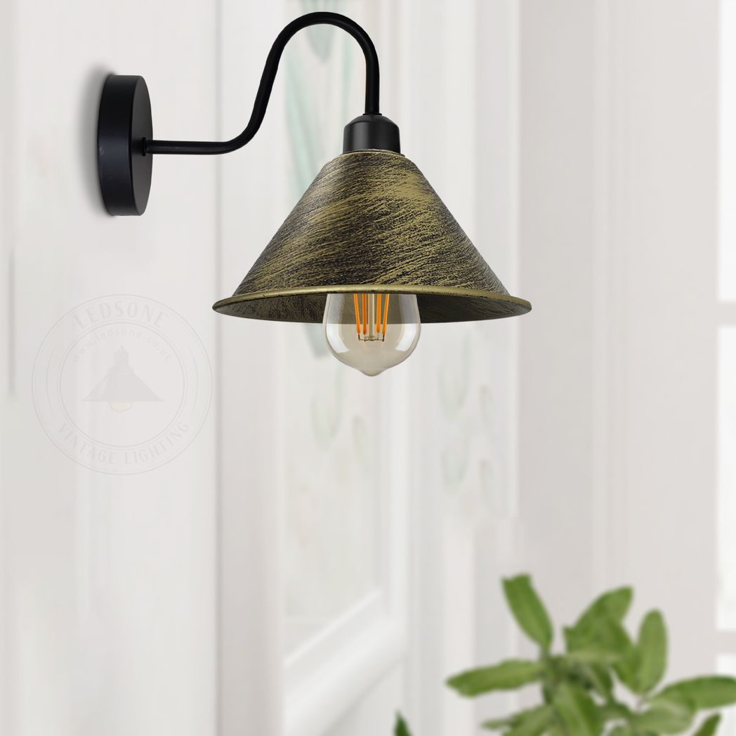 cortex-london-york-brushed-brass-black-vintage-e27-wall-light-cone-metal-shade