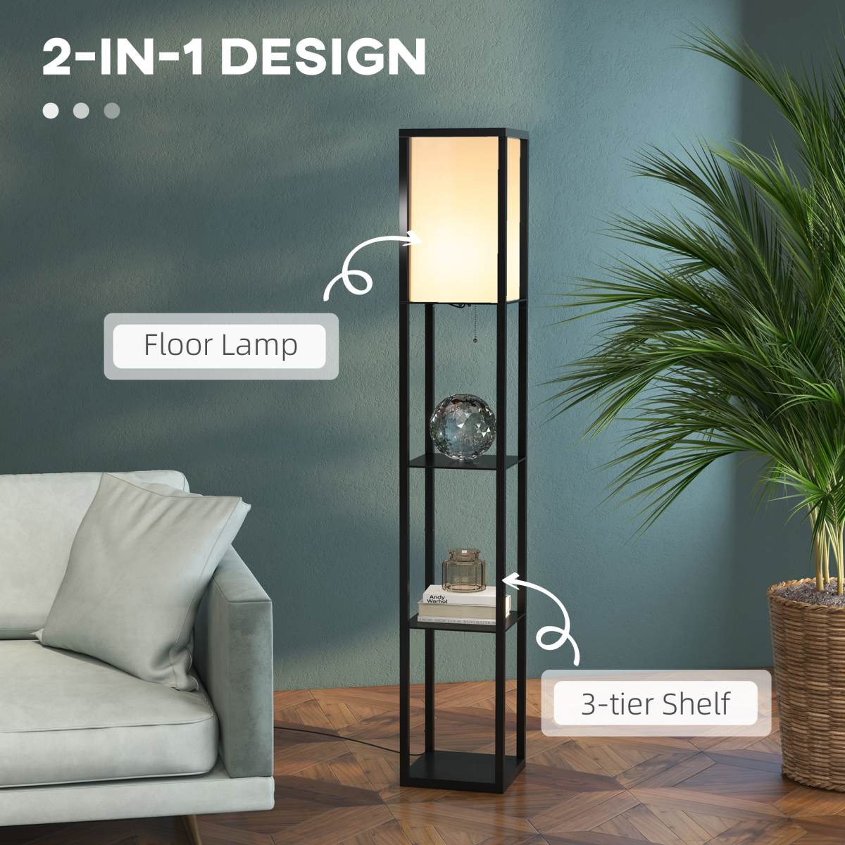 Shelf Floor Lamp, 4-tier Open Shelves, 26L x 26W x 160Hcm-Black/White