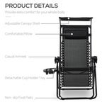 Zero Gravity Folding Sun Lounger Reclining Seat & Cup Holder & Canopy, Black