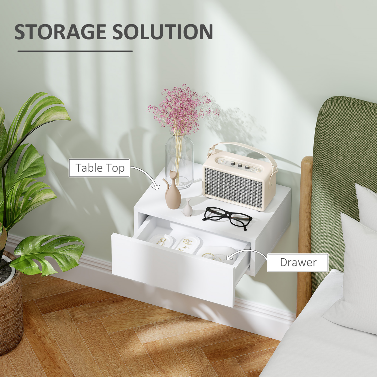 HOMCOM Floating Bedside Table, Wall-Mounted Side Table for Bedroom, White