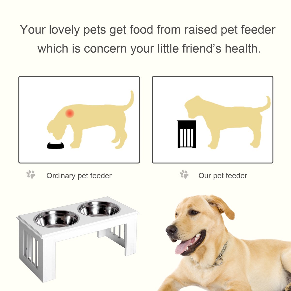 Raised Pet Feeder Elevated Double Staninless Steel Bowls Stand Water White