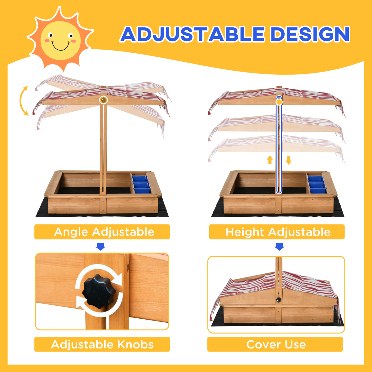 cortex-london-windsor-kids-wooden-sand-pit-adjustable-canopy-outsunny