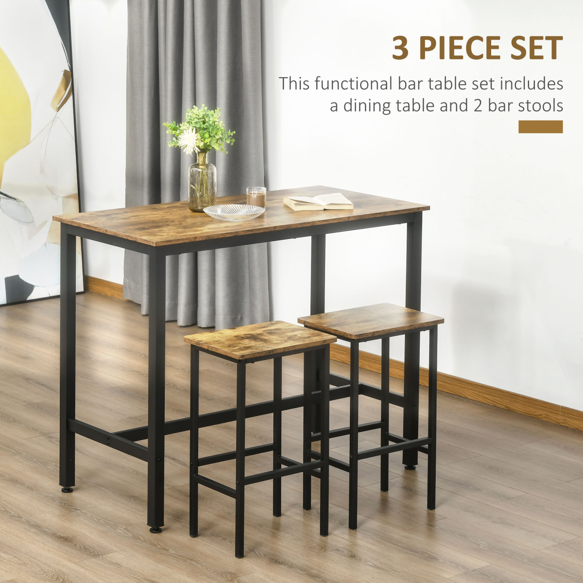 Industrial Bar Table Set, 2 Stools, 3PC Counter Height Rustic Brown