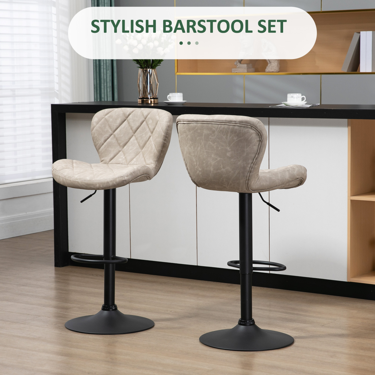 Set of 2 Chairs, Backrest and Footrest, Steel Frame Diamond Pattern PU Khaki