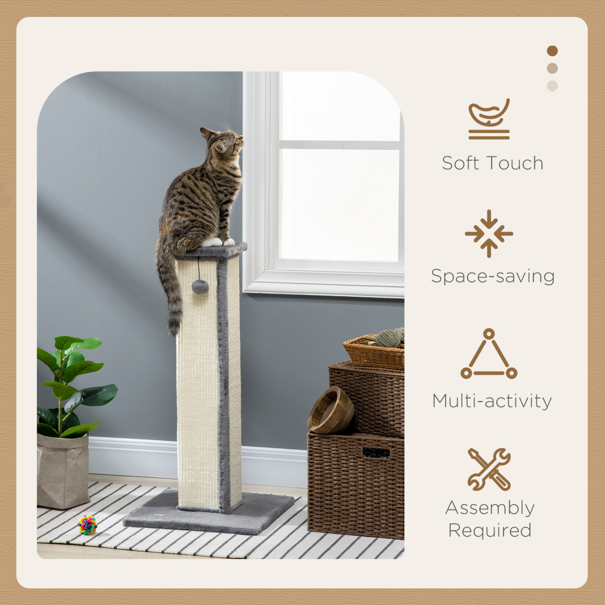 cortex-london-windsor-cat-scratching-post-81cm-grey-natural-sisal-rope-hanging-ball