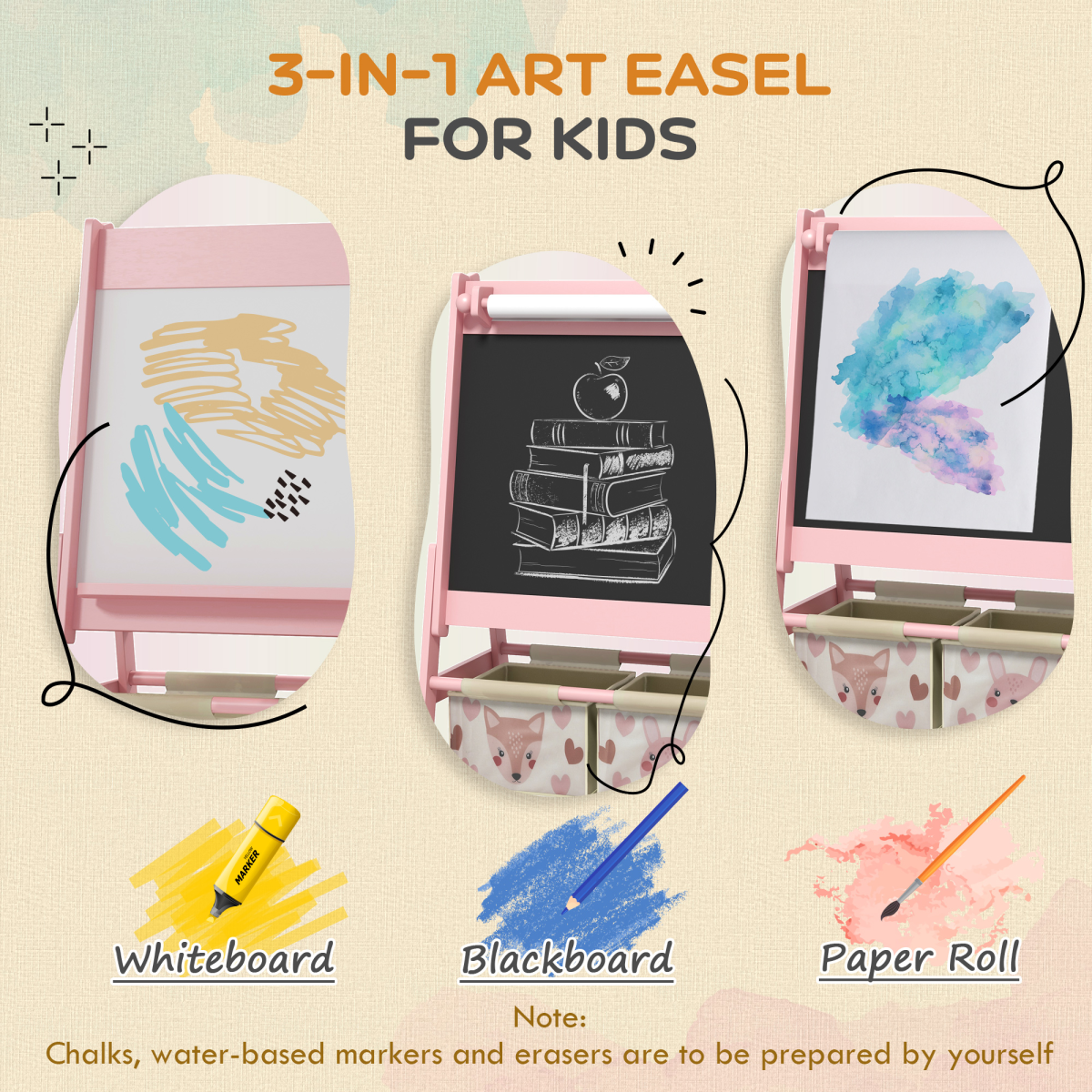 AIYAPLAY Kids Easel with Paper Roll, Blackboard, Whiteboard, Storage, Pink