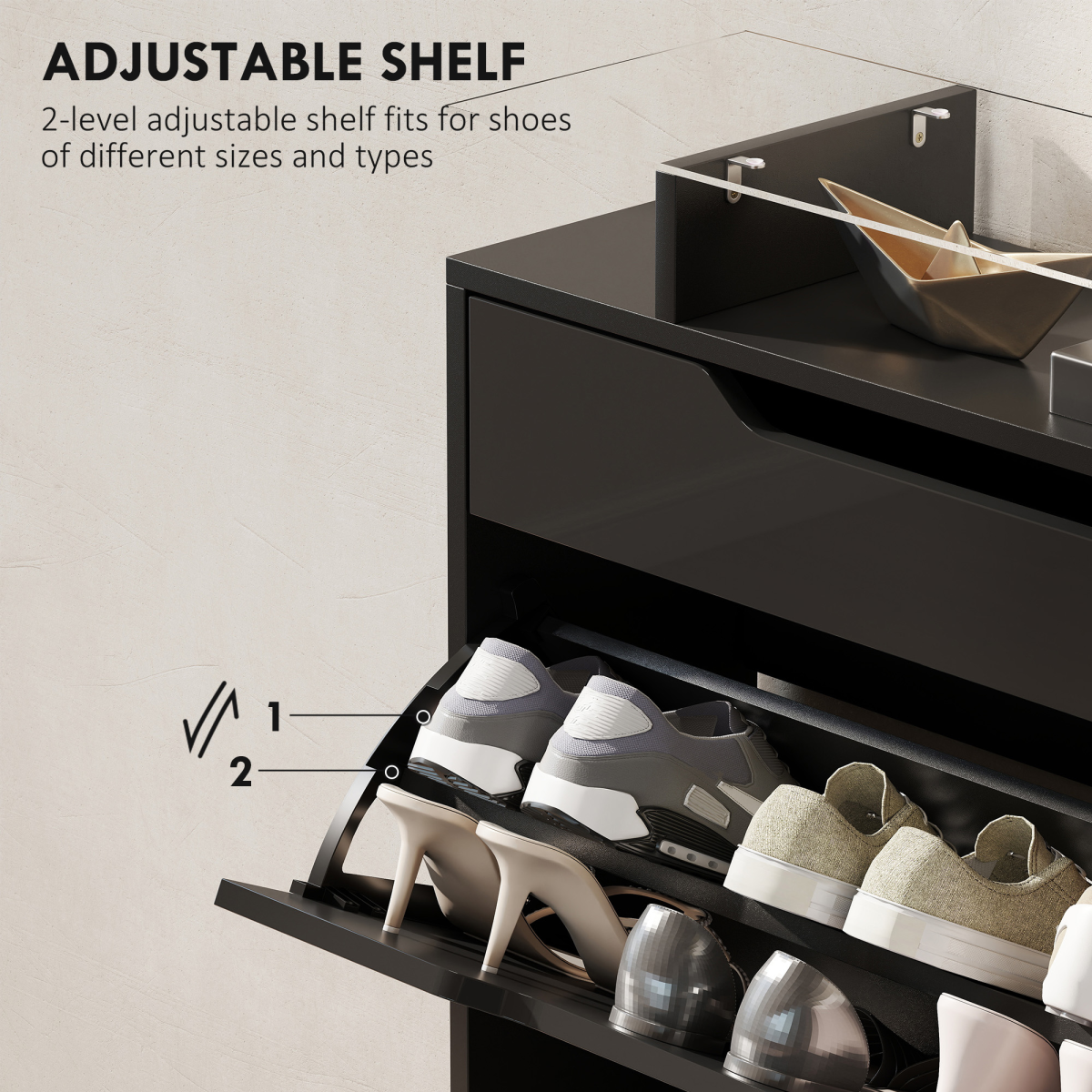 HOMCOM Shoe Cabinet with 3 Drawers, High Gloss Front Panels, Glass Top Black