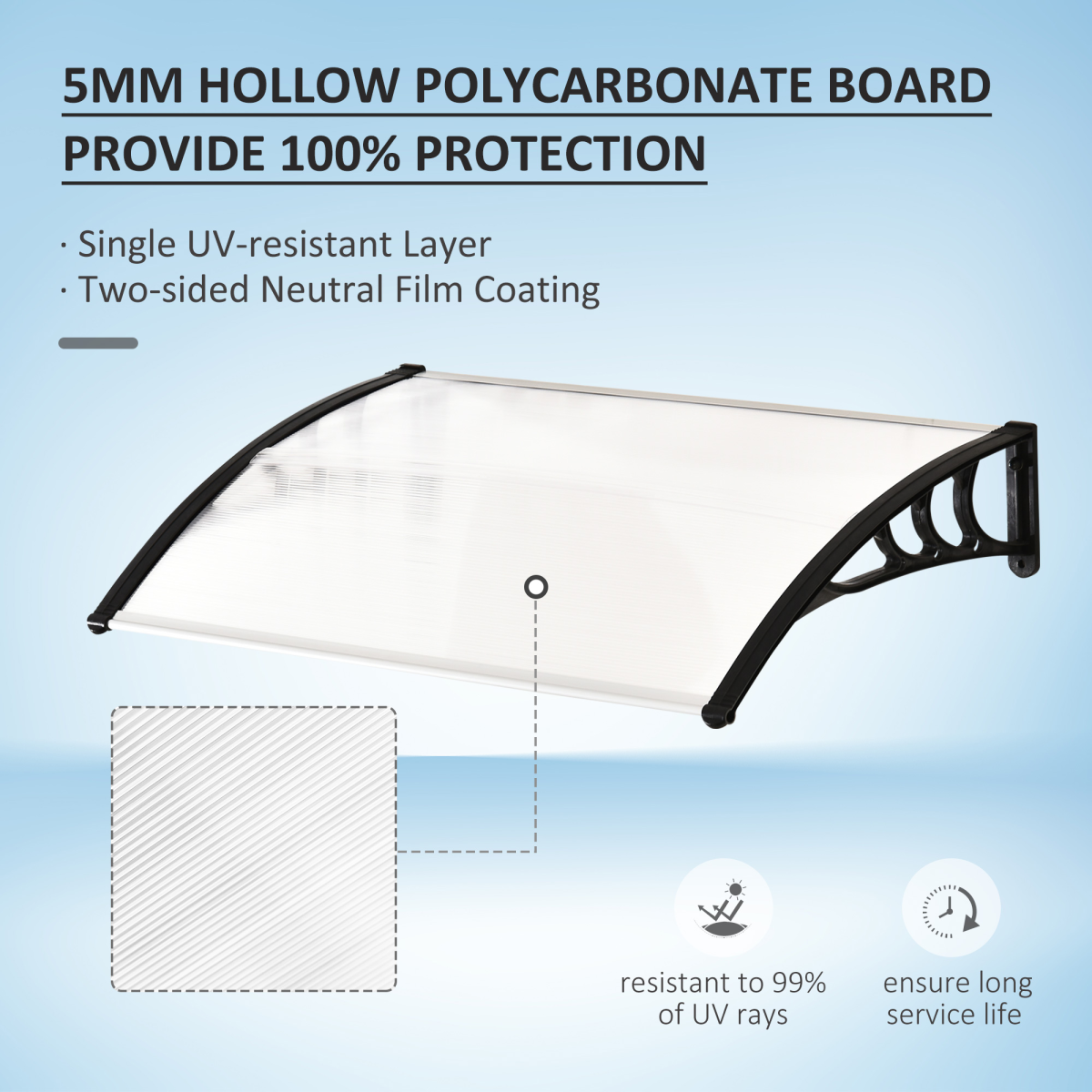 75 L x 120 W x 23 H cm Clear Polycarbonate Curved Awning w/ Black Bracket