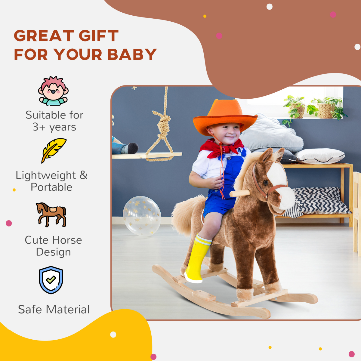 Kids Rocking Horse Wooden Plush Children Ride On Toy Rocker Baby Gift HOMCOM