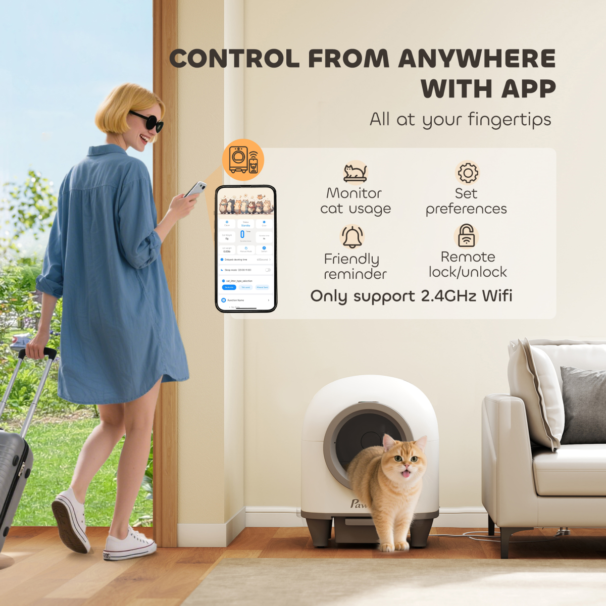 PawHut 80L Self Cleaning Cat Litter Tray with APP Control Safety Protection