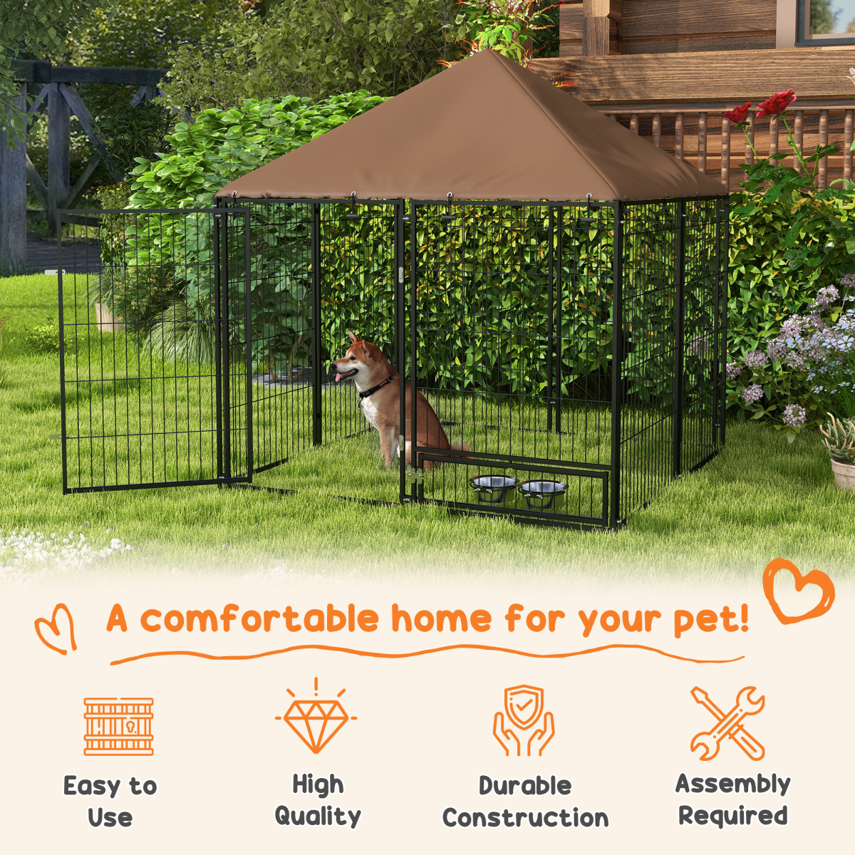 cortex-london-windsor-outdoor-dog-kennel-canopy-secure-lock-bowl-holder-black-brown