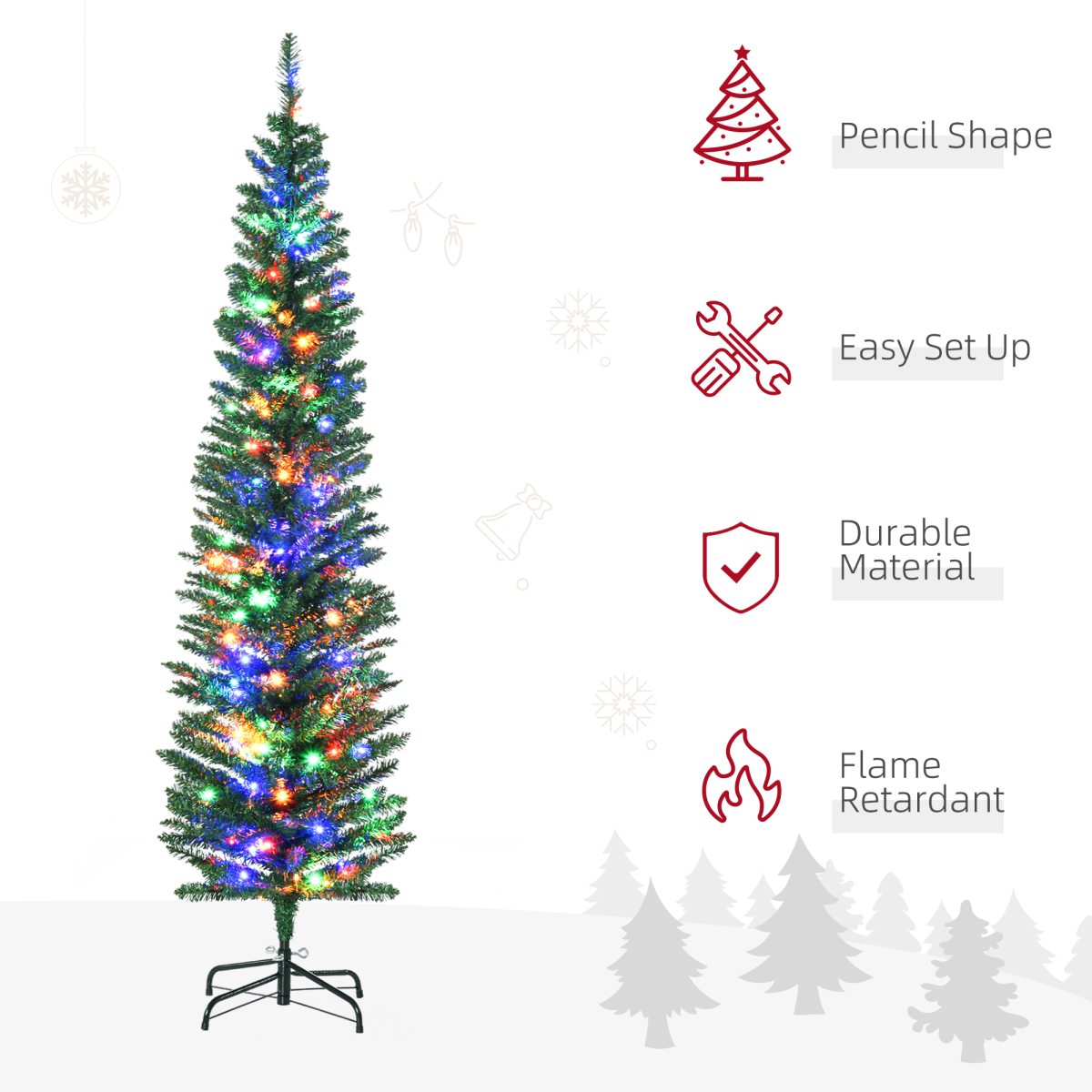 HOMCOM 6ft Artificial Pencil Christmas Tree with Colourful Lights, Steel Base