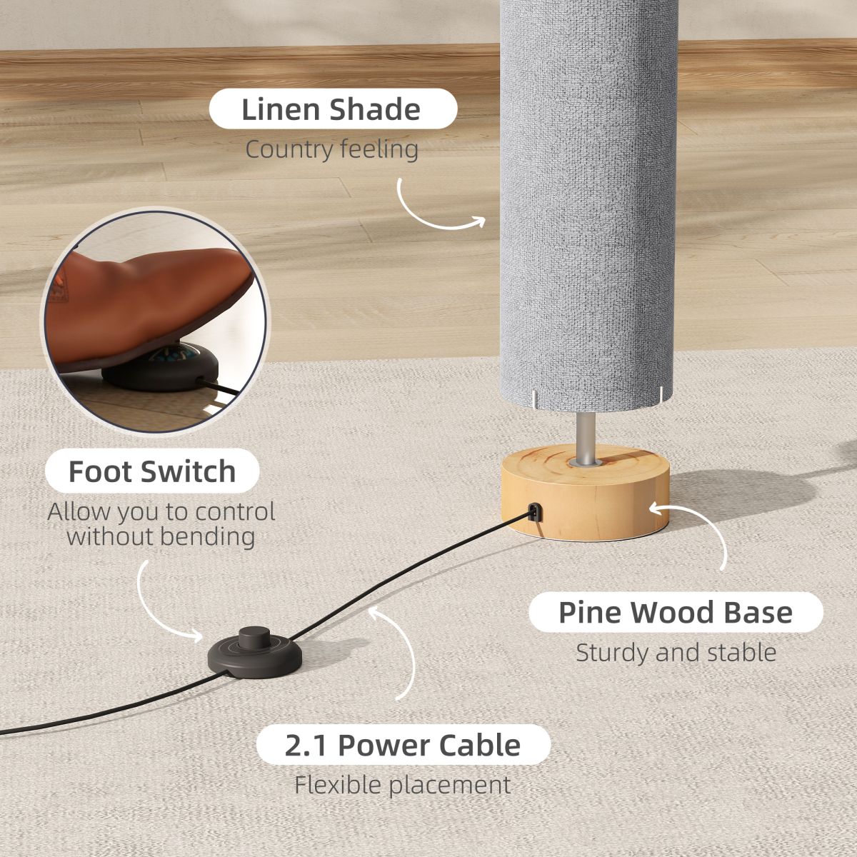 HOMCOM LED Floor Lamp with 3000K/4500K/6500K Colour Temperatures, Grey