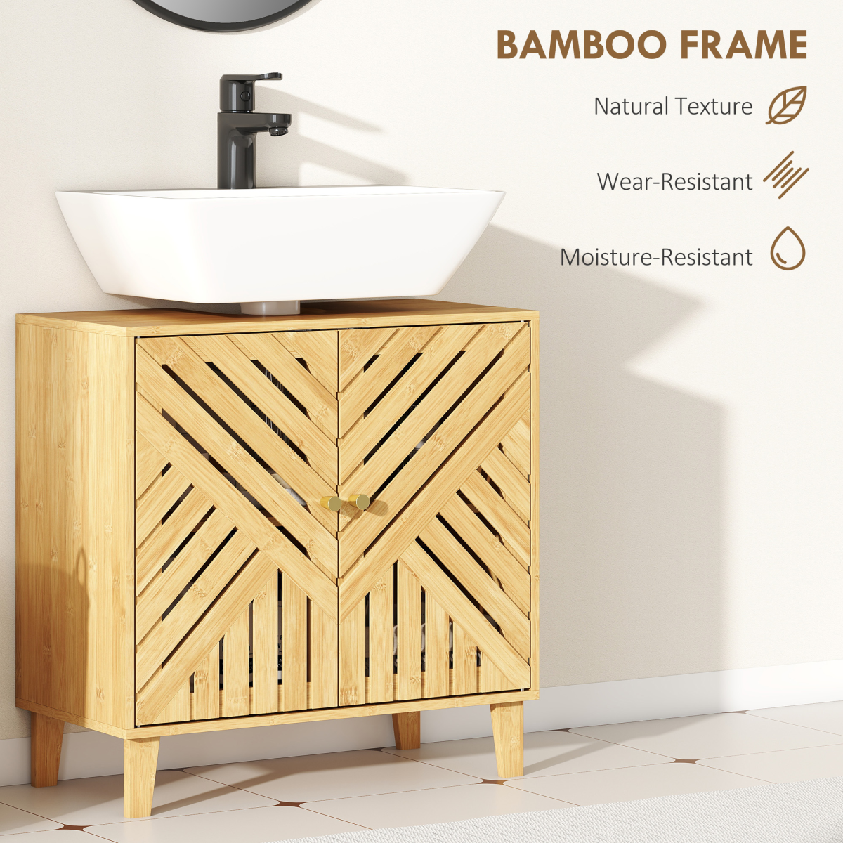 HOMCOM Bamboo Bathroom Under Sink Cabinet with Adjustable Shelf, Natural