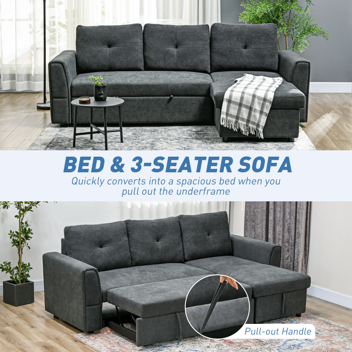 HOMCOM 3 Seater Sofa Bed, Convertible Pull Out Sofa with Storage, Dark Grey