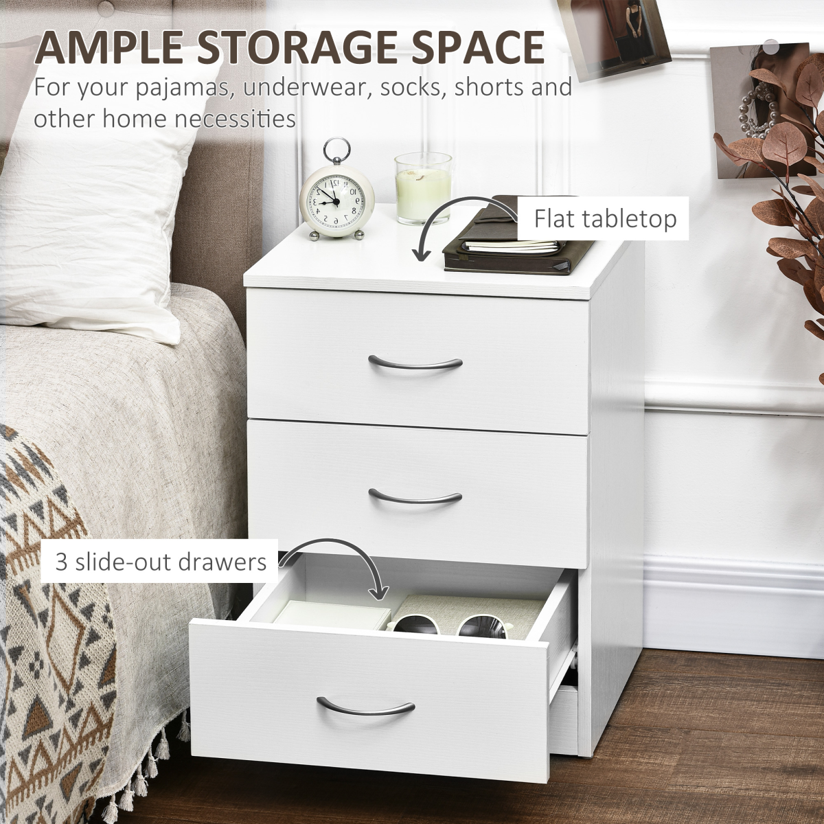 HOMCOM Modern 3 Drawers Side Cabinet Wooden Bedside Table White