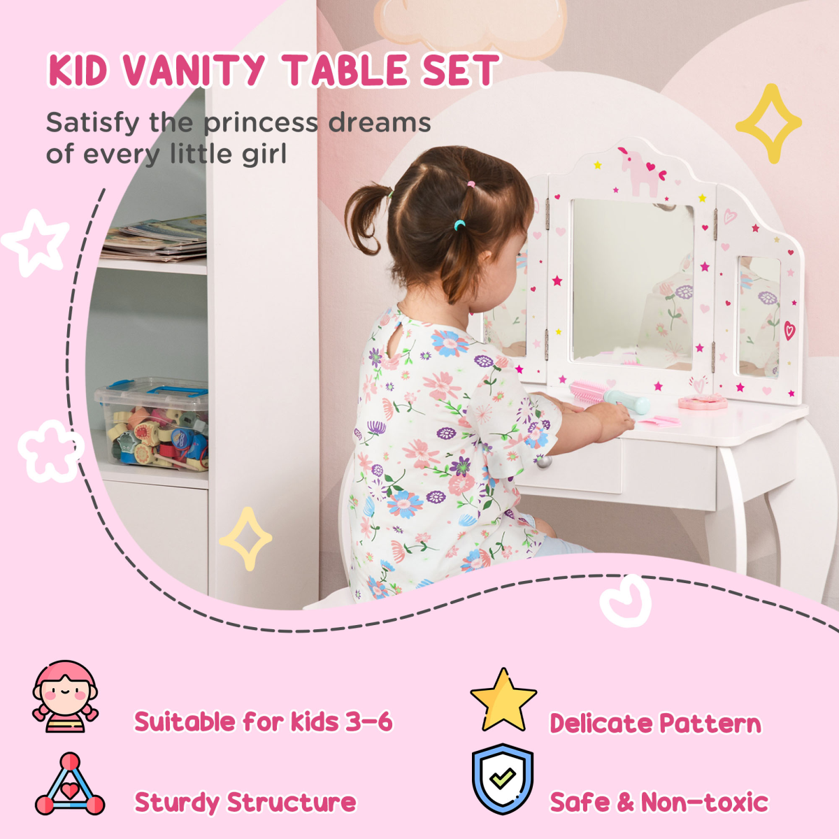 cortex-london-kensington-kids-vanity-table-stool-three-rotatable-mirrors-drawer-homcom