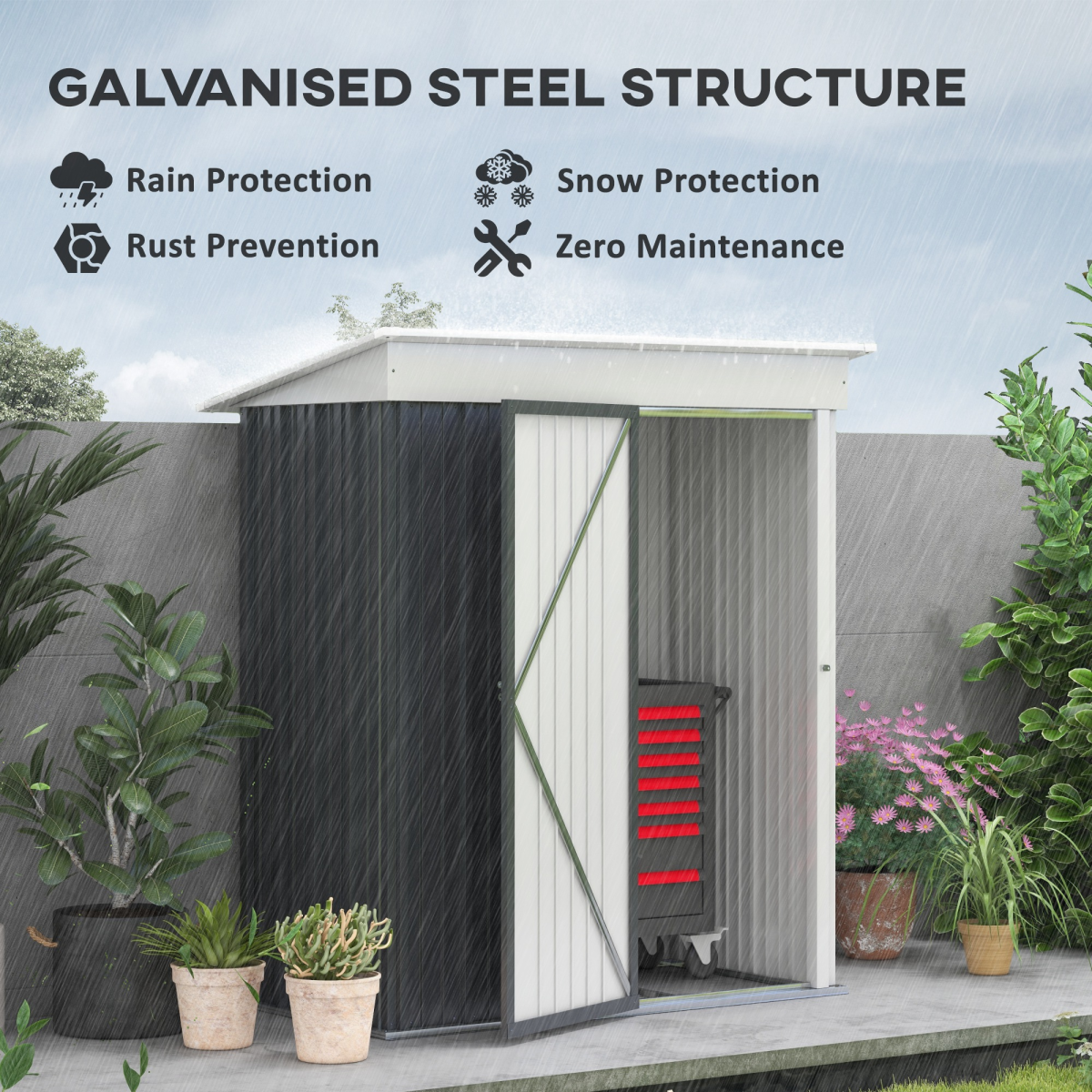 cortex-london-windsor-steel-lean-to-garden-bike-shed-adjustable-shelf-lock-dark-grey-white