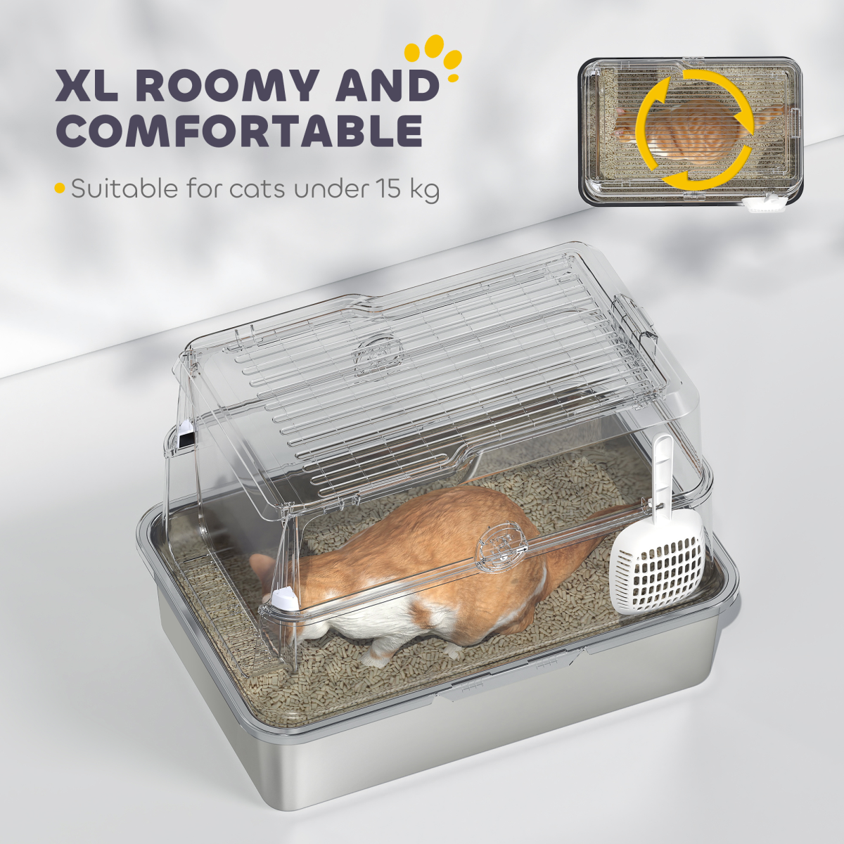 PawHut Extra Large Stainless Steel Cat Litter Tray with Scoop, Flip Top