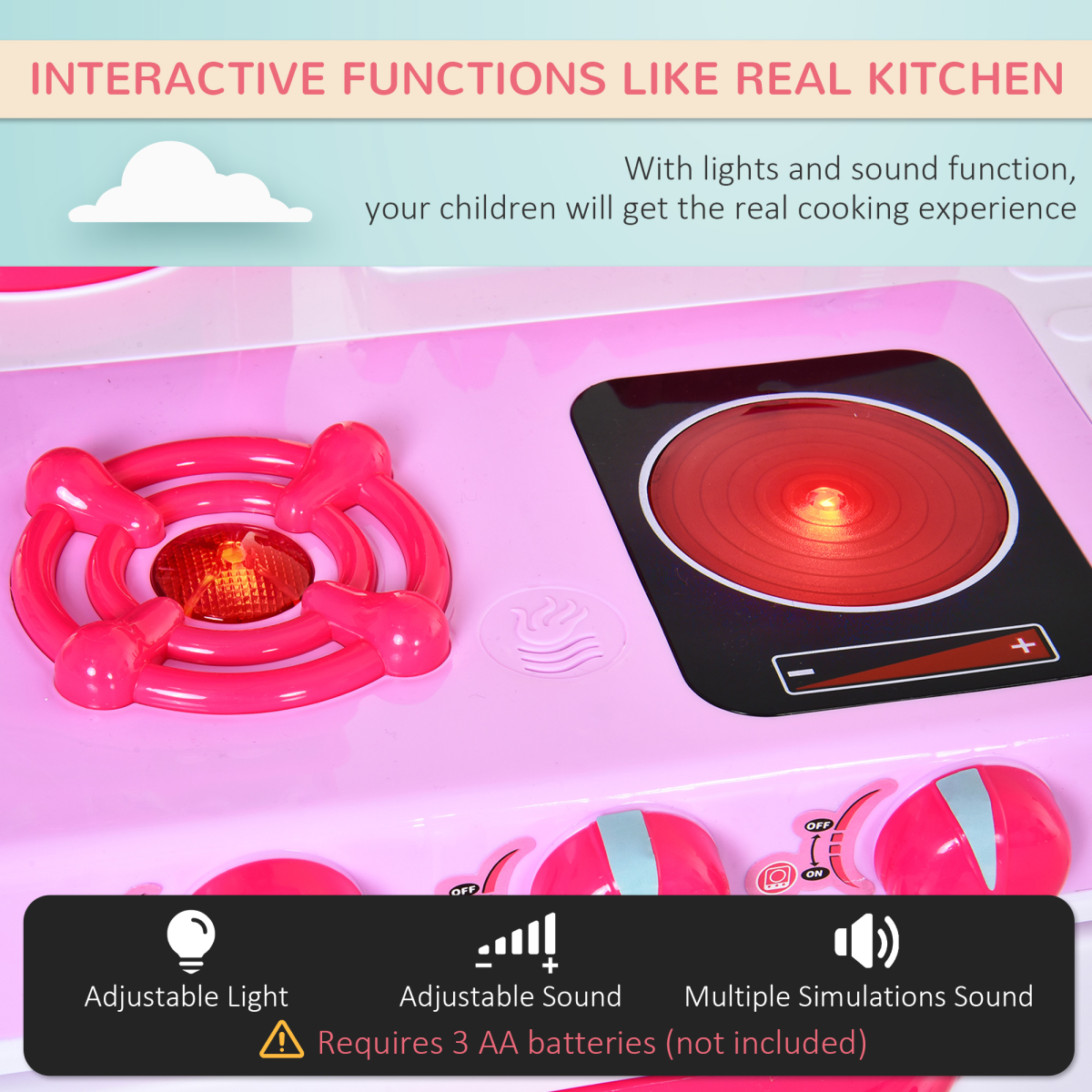 38-Piece Children's Kitchen Play Set Realistic Sounds Lights Food Pink